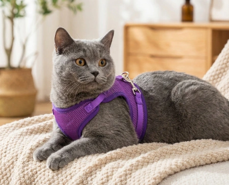 Шлейка-жилет с поводком EV-71 р-р М однотонная цветная сетка 1,5см*1шт