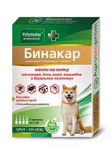 "Бинакар" капли на холку инсектоакарицидные д/средних пород собак от блох и клещей 4пип*1мл арт.1076