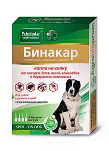 "Бинакар" капли на холку инсектоакарицидные д/крупных пород собак от блох и клещей 4пип*2мл арт.1077