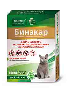 "Бинакар" капли на холку инсектоакарицидные для кошек и котят от блох и клещей 4пип*0,4мл арт.1109